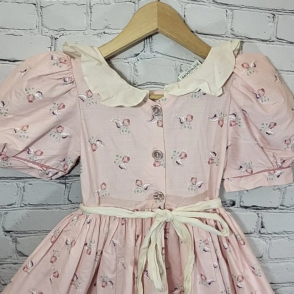VINTAGE DAISY KINGDOM Girls Dress Size 8 Pink Floral Tea Party Factory Made Flaw